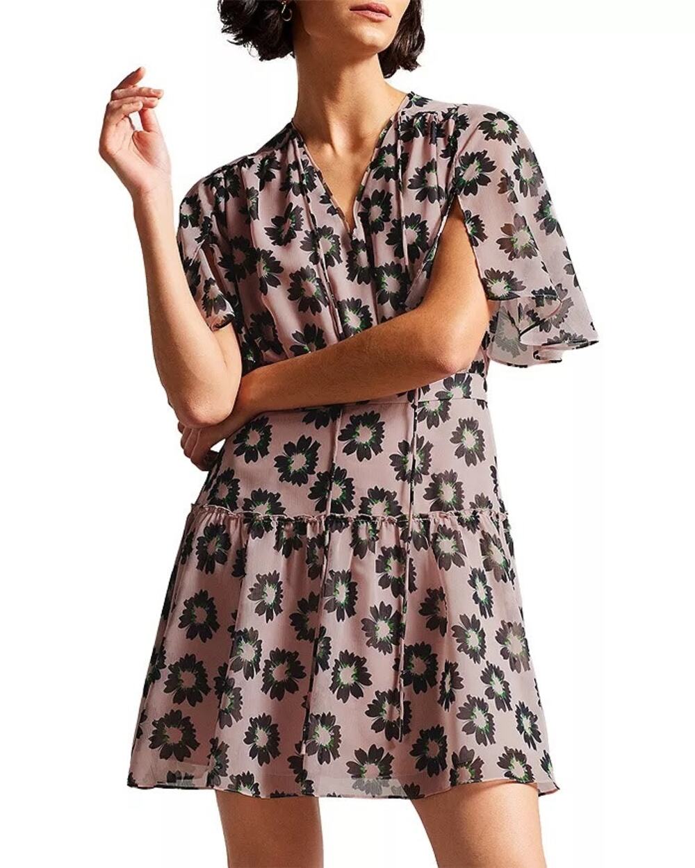 Ted Baker Lucieey Flutter Sleeve Tiered Mini Dress Size 1 - US Size 4 Floral